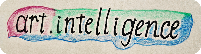 Hand-drawn “art.intelligence” lettering in black over a free-form background featuring swatches of pink, green and blue.